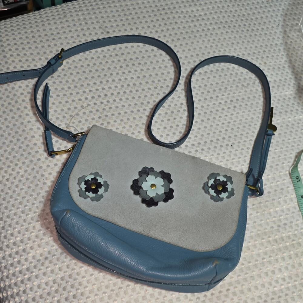FOSSIL BLUE LEATHER FLOWER CROSSBODY SHOULDER BAG